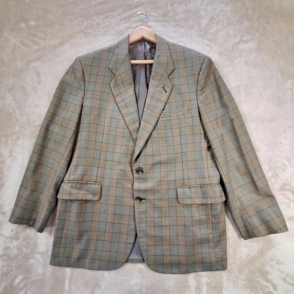 Tom James Blazer Mens 46L Brown Green Plaid Holland & Sherry Cloth Made USA